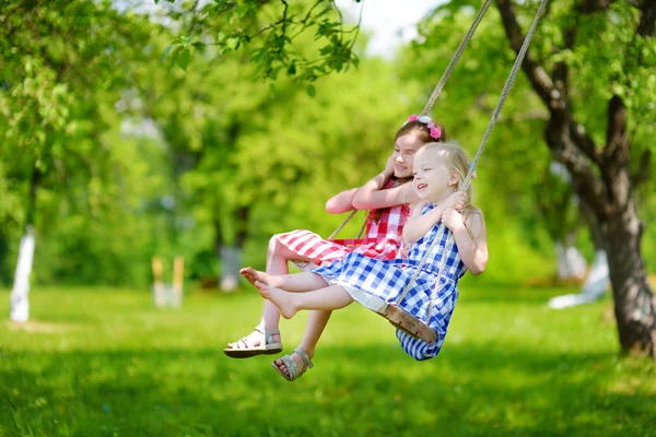 Kleine Schwestern haben Spaß auf einer Schaukel — Stockfoto