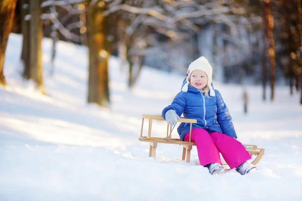 Little girl having fun with a sleight — Stock Photo, Image