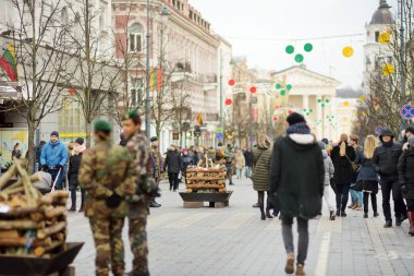 VILNIUS, LITHUANIA - 16 Şubat 2020: yüzlerce insan Vilnius 'taki Devlet Günü' nün Restorasyonu kutlamalarına katıldı. Şenlik ateşi 16 Şubat 'ta şenlik gecesi Gediminas Bulvarı' nda yakılır..