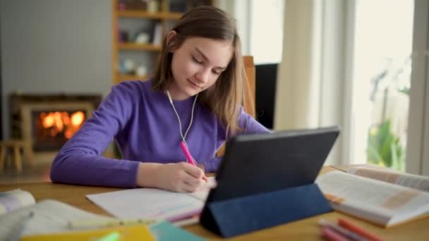Preteen Schoolgirl Doing Her Homework Digital Tablet Home Child Using — Stock Video