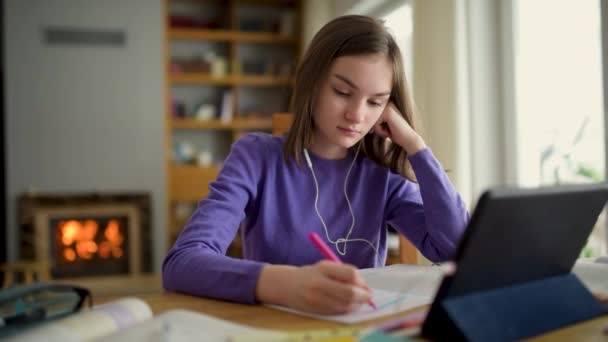 Preteen Schoolgirl Doing Her Homework Digital Tablet Home Child Using — Stock Video