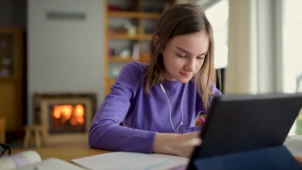 Preteen Schoolgirl Doing Her Homework Digital Tablet Home Child Using — Stock Video