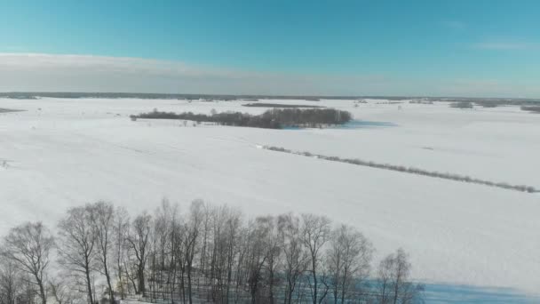 Prachtig uitzicht vanuit de lucht op een kleine boerderij in besneeuwde velden — Stockvideo