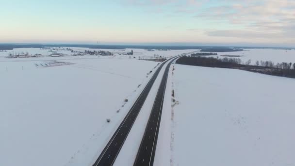 Gyönyörű légi kilátás hófödte mezők egy kétsávos út között fák — Stock videók
