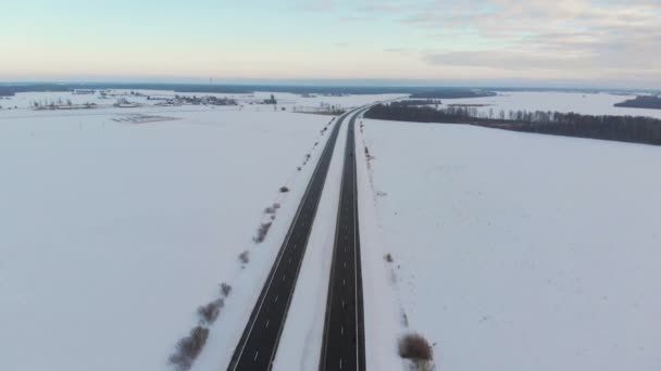 Beautiful aerial view of snow covered fields with a two-lane road among trees — Stock Video