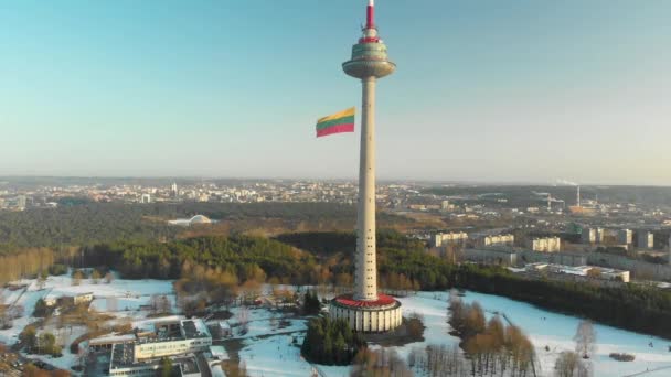 在公众假期，在维尔纽斯电视塔上挥动着巨大的立陶宛国旗 — 图库视频影像