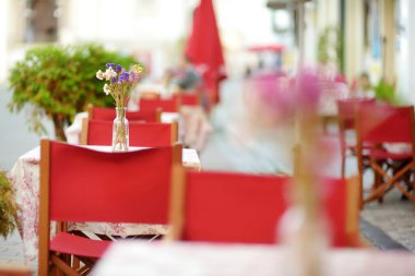 Vilnius, Litvanya 'da güzel bir yaz gününde çiçek ve bitkilerle süslenmiş açık hava restoran masası.