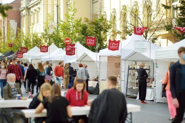 VILNIUS, LITHUANIA - 5 Eylül 2020: Litvanya ulusal topluluklarından ustaların sanatlarını, zanaatlarını, ulusal gelenekleri ve geleneklerini sundukları yıllık Uluslar Fuarı 'na katılan insanlar.