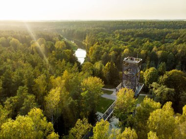 Laju takas 'ın havadan görünüşü, yürüyüş yolu, bilgi merkezi ve gözlem kulesi olan ağaç tepe örtüsü kompleksi, Litvanya' nın Anyksciai şehrinde yer almaktadır.