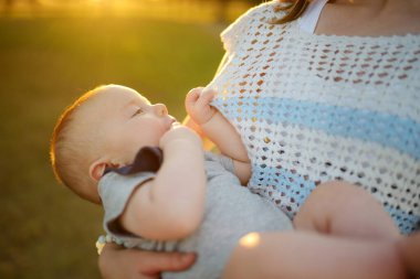 Annesinin kollarında tatlı bir erkek bebek. Anne ve oğlu güneşli bir yaz gününde şehir parkında eğleniyorlar. Sevimli oğlu annesi tarafından tutuluyor..