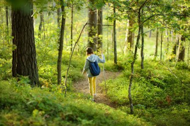 Güzel bir yaz günü, orman yürüyüşü sırasında eğlenen tatlı bir genç kız. Doğayı keşfeden çocuk. Çocuklarla aktif aile eğlencesi.