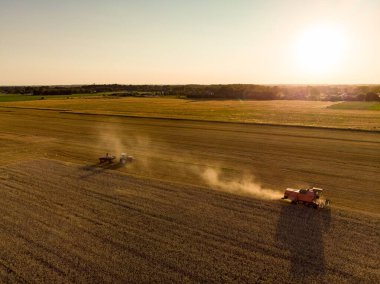 Farklı ekinlerden oluşan tarımsal parsellerin havadan görünüşü. Saman balyası tarlaları ve Litvanya 'nın tarım arazileri. Makine ya da ekipman topluyorum. Güneşli yaz akşamı.