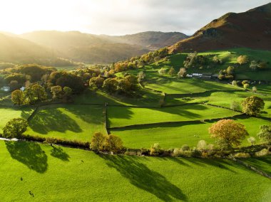 Aerial view of endless lush pastures and farmlands of England. Beautiful English countryside with emerald green fields and meadows. Rural landscape on sunset. clipart