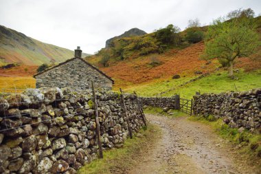 Stonethwaite Beck 'e giden patika, Langstrath Beck ve Greenup Gill' in kavşağında kurulmuş küçük bir nehirdir. Cumbria, İngiltere 'nin güzel doğasını keşfediyor..
