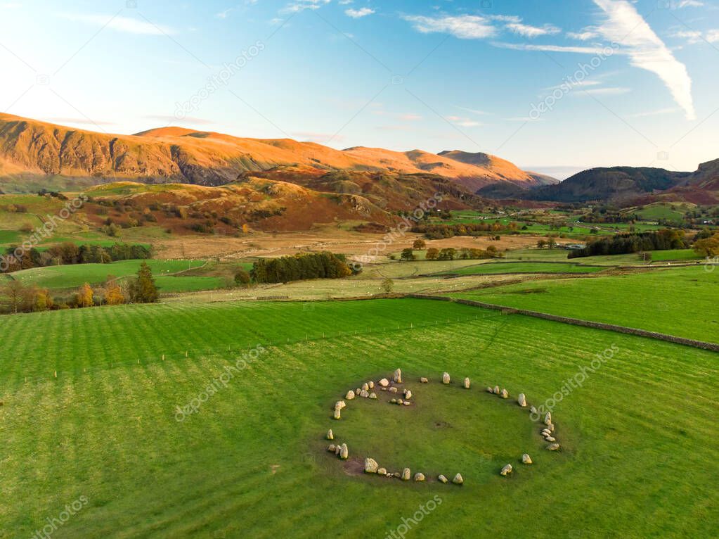Aerial view of Castlerigg stone circle, located near Keswick in Cumbria, North West England, constructed as a part of a megalithic tradition during the Late Neolithic and Early Bronze Ages.
