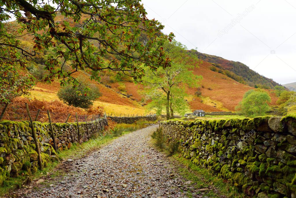 Footpath leading to Stonethwaite Beck, a small river formed at the confluence of Langstrath Beck and Greenup Gill beneath Eagle Crag. Exploring beautiful nature of Cumbria, England.
