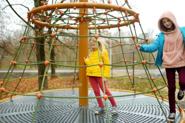 İki sevimli genç kız güzel bir sonbahar parkında oyun alanında birlikte eğleniyorlar. Sonbaharın sonlarında dışarıda oynayan sevimli kız kardeşler. Çocuklu aileler için açık hava aktiviteleri.