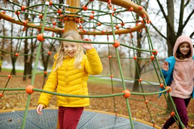 İki sevimli genç kız güzel bir sonbahar parkında oyun alanında birlikte eğleniyorlar. Sonbaharın sonlarında dışarıda oynayan sevimli kız kardeşler. Çocuklu aileler için açık hava aktiviteleri.