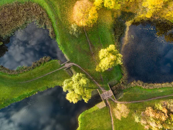 Beautiful Vilnius city top down view in autumn with orange and yellow foliage. Aerial evening view. Fall city scenery in Vilnius, Lithuania