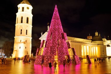 VILNIUS, LITHUANIA - 2020 ARALIK: Litvanya 'nın Vilnius kentindeki Katedral meydanında güzel bir Noel ağacı.