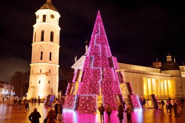 VILNIUS, LITHUANIA - 2020 ARALIK: Litvanya 'nın Vilnius kentindeki Katedral meydanında güzel bir Noel ağacı.