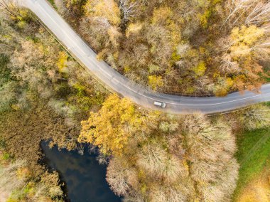 Yeşil ve sarı ağaçlar ile sonbahar ormanHavadan yukarıdan aşağıya görünümü. Karışık yaprak döken ve iğne yapraklı orman. Vilnius şehrinde güzel sonbahar manzarası, Litvanya