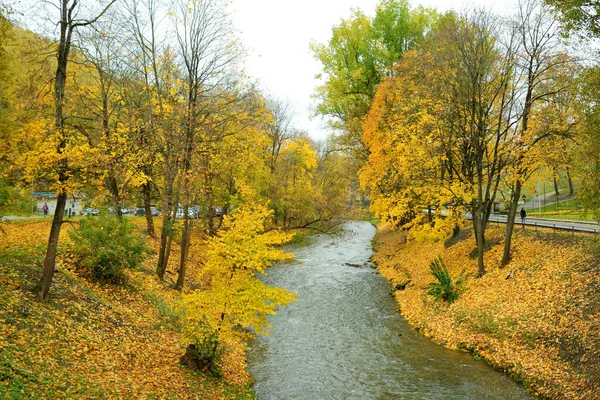 Красочная Сцена Городском Парке Осенью Оранжевой Желтой Листвой Красивые Осенние — стоковое фото