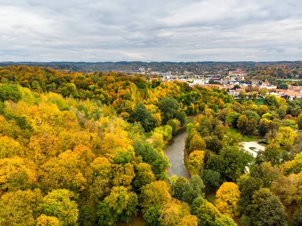 Piękna Panorama Miasta Wilno Jesienią Pomarańczowym Żółtym Liści Widok Lotu — Zdjęcie stockowe