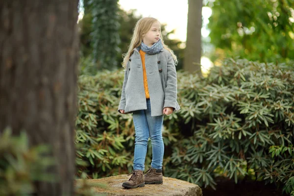 Carino Ragazza Diverte Nella Bella Giornata Autunnale Nel Parco Cittadino — Foto Stock