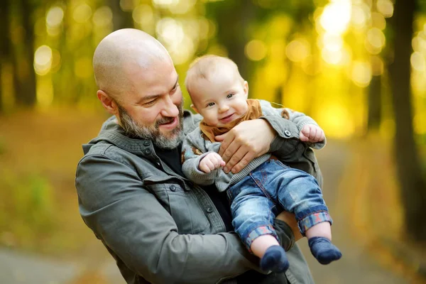 Cute Little Baby Boy His Fathers Arms Dad Son Having — Zdjęcie stockowe