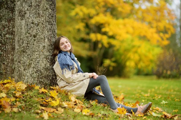 美しい秋の日に楽しんでいる愛らしい若い女の子 秋の公園で遊ぶ幸せな子供 黄色の紅葉を集める子供 子供の秋の活動 — ストック写真