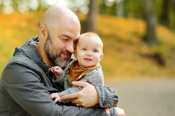 Cute Little Baby Boy His Fathers Arms Dad Son Having — Stock Photo, Image