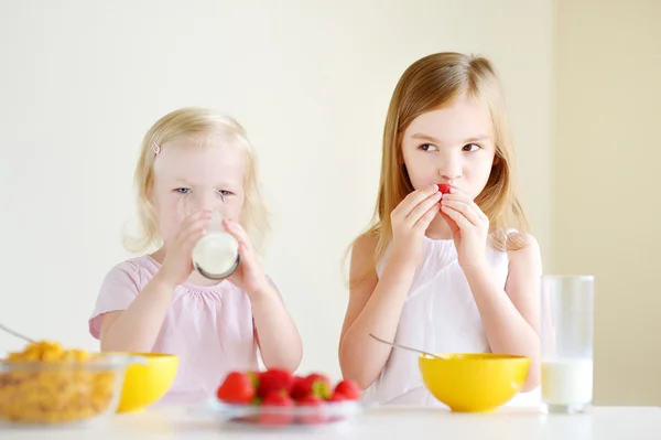 Hermanas comiendo cereal con leche —  Fotos de Stock