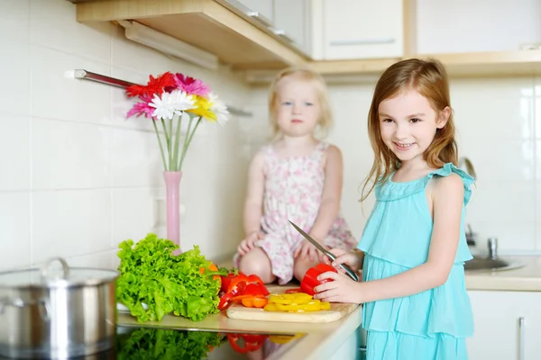Little sisters cooking dinner — Stock Photo, Image