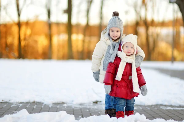 Сестры в снежный зимний день — стоковое фото