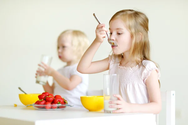 Systrar äta flingor med mjölk — Stockfoto
