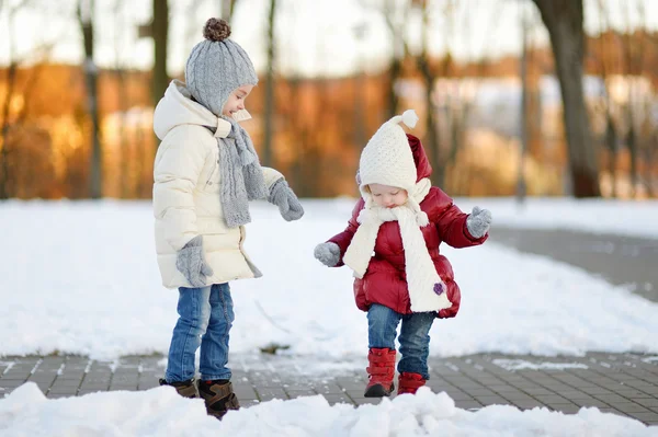 Little sisters snöig vinterdag — Stockfoto