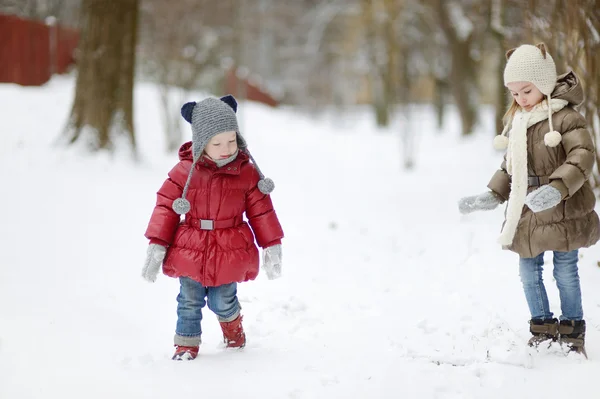 Systrar i snöig vinterdag — Stockfoto