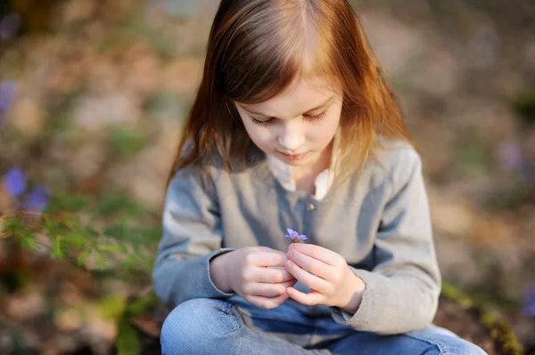 Liten flicka i vår skog — Stockfoto