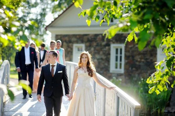 Bride and groom and their wedding guests — Stock Photo, Image