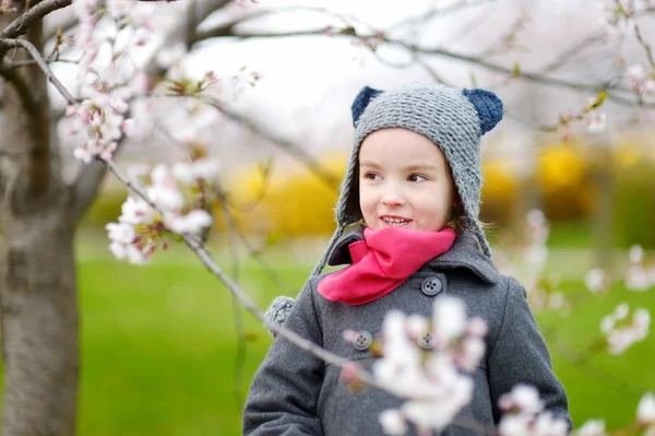 Little girl in blooming cherry garden — Stock Photo, Image