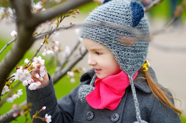 Meisje tijdens de bloei cherry tuin — Stockfoto