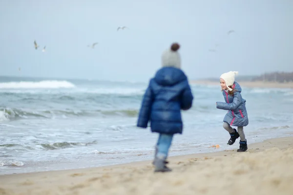 冬の海の近くの小さな姉妹 — ストック写真