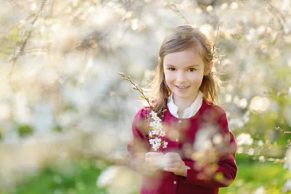 Little girl in blooming cherry garden — Stock Photo, Image