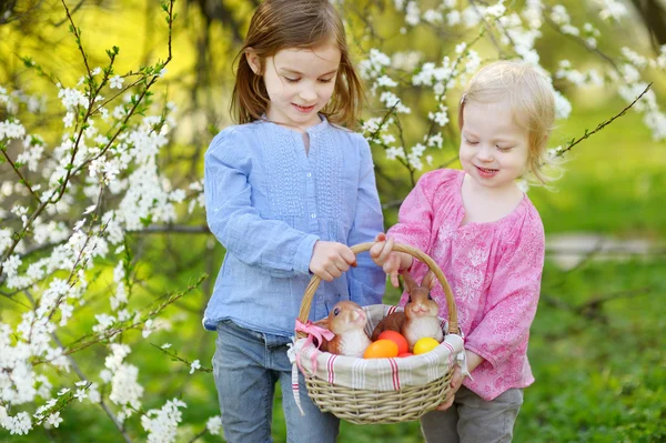 Kleine zusters met Pasen eieren in een mand — Stockfoto