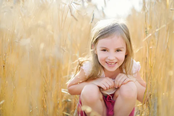 Дошкільнята дівчина ходить у пшеничному полі — стокове фото
