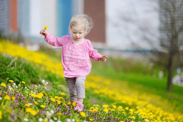 Девушка в цветущих цветах одуванчика — стоковое фото