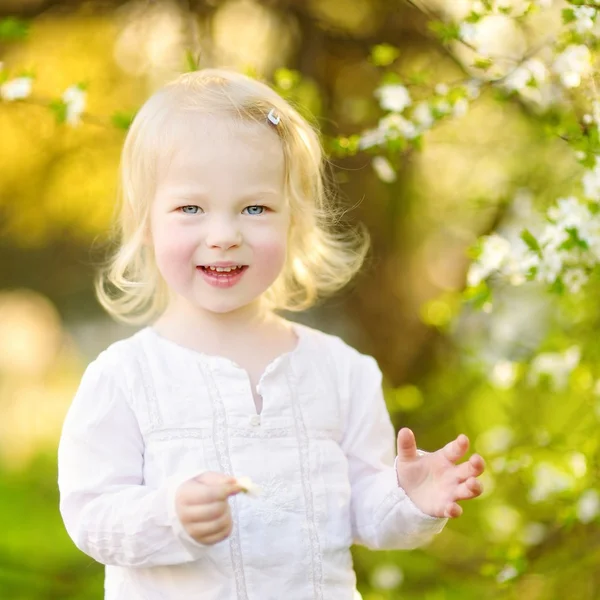 Μικρό παιδί κορίτσι στην ανθοφορία Κερασιά κήπο — Φωτογραφία Αρχείου