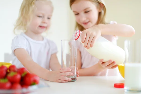 Schattige kleine zusters eten granen — Stockfoto