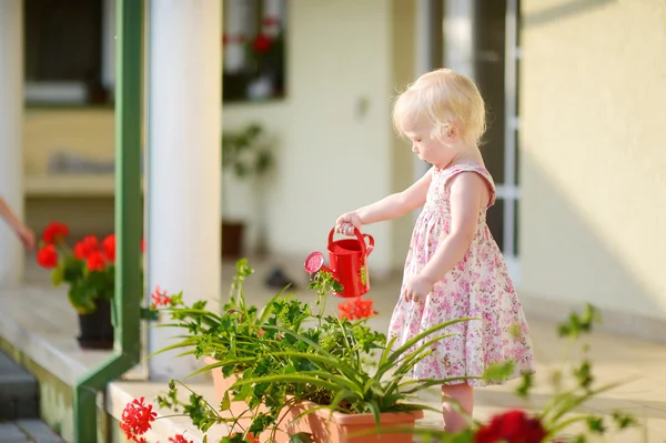 Маленькая девочка поливает цветы — стоковое фото